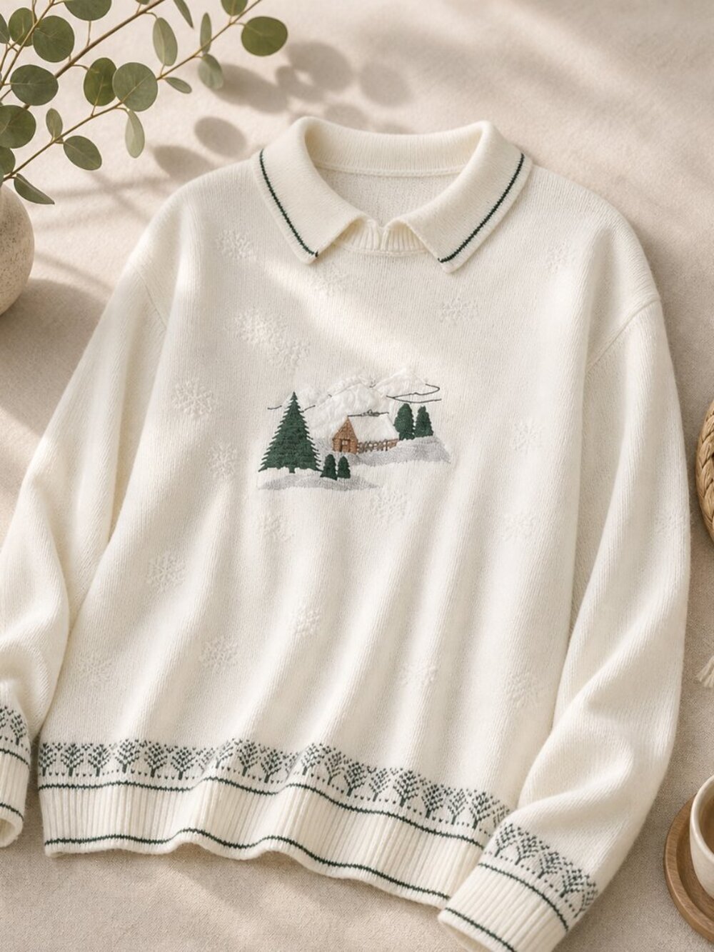 South Bay Winter Cottage Embroidered Sweater L